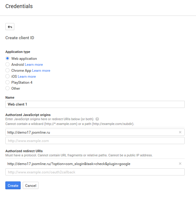 Google - setting up social authorization